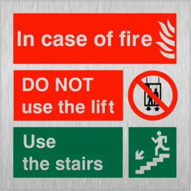 Click Here To Enlarge This Photo Of Brushed Aluminium (3mm) In Case Of Fire Do Not Use The Lift - Use The Stairs Fire Action Notice Sign - 150mm x 150mm