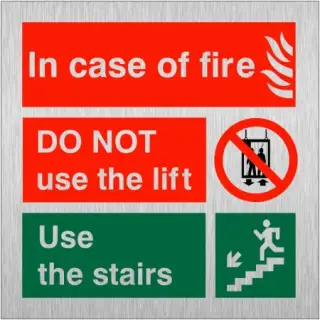 Brushed Aluminium (3mm) In Case Of Fire Do Not Use The Lift - Use The Stairs Fire Action Notice Sign - 150mm x 150mm