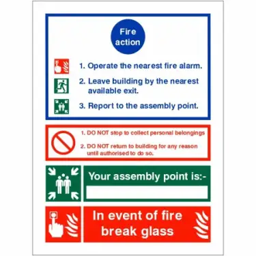 Click Here To Enlarge This Photo Of Rigid Plastic (1mm) 3 Point Fire Action Notice Sign - "In Event Of Fire Break Glass" (Writable)