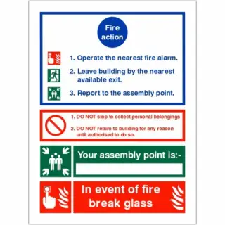 Rigid Plastic (1mm) 3 Point Fire Action Notice Sign - "In Event Of Fire Break Glass" (Writable)