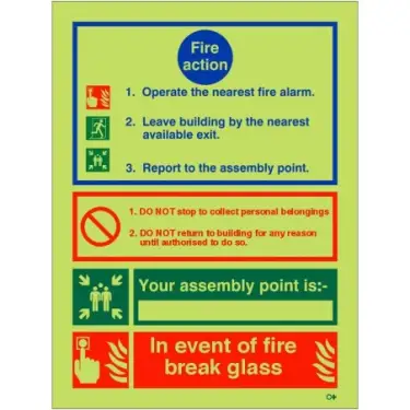 Click Here To Enlarge This Photo Of Photoluminescent (Glow in the Dark) Self Adhesive (Class C) 3 Point Fire Action Notice Sign - "In Event Of Fire Break Glass" (Writable)
