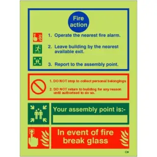 Photoluminescent (Glow in the Dark) Self Adhesive (Class C) 3 Point Fire Action Notice Sign - "In Event Of Fire Break Glass" (Writable)