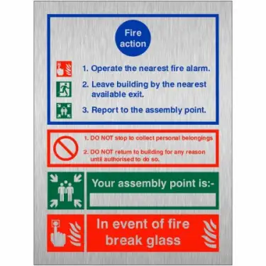Click Here To Enlarge This Photo Of Brushed Aluminium (3mm) 3 Point Fire Action Notice Sign - "In Event Of Fire Break Glass" (Writable)
