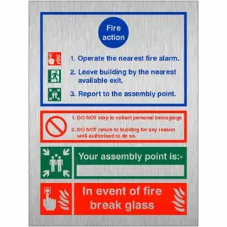 Brushed Aluminium (3mm) 3 Point Fire Action Notice Sign - "In Event Of Fire Break Glass" (Writable)