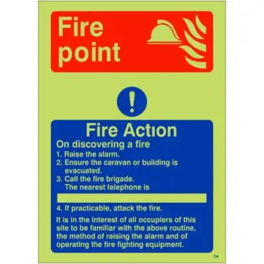 Click Here To Enlarge This Photo Of Photoluminescent (Glow in the Dark) Rigid Plastic (Class C) 4 Point Fire Action Notice Sign For Caravans - "On Discovering a Fire"