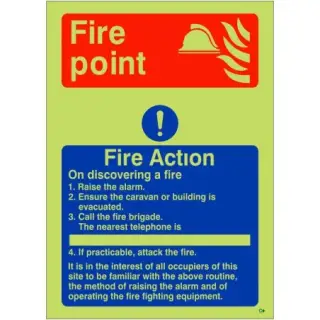 Photoluminescent (Glow in the Dark) Rigid Plastic (Class C) 4 Point Fire Action Notice Sign For Caravans - "On Discovering a Fire"
