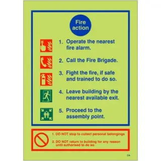 Photoluminescent (Glow in the Dark) Self Adhesive (Class C) 5 Point Fire Action Notice Sign