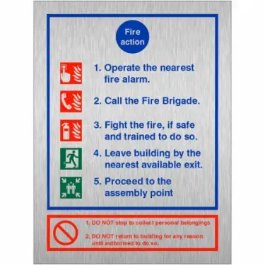 Click Here To Enlarge This Photo Of Brushed Aluminium (3mm) 5 Point Fire Action Notice Sign