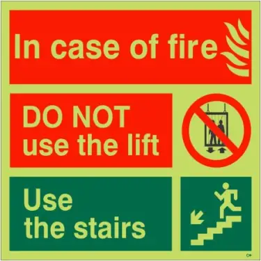 Click Here To Enlarge This Photo Of Photoluminescent (Glow in the Dark) Self Adhesive (Class C) In Case Of Fire Do Not Use The Lift - Use The Stairs Fire Action Notice Sign - 150mm x 150mm