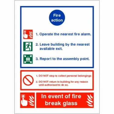Click Here To Enlarge This Photo Of Rigid Plastic (1mm) 3 Point Fire Action Notice Sign - "In Event Of Fire Break Glass"