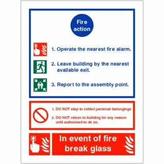 Rigid Plastic (1mm) 3 Point Fire Action Notice Sign - "In Event Of Fire Break Glass"