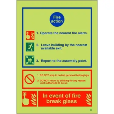 Click Here To Enlarge This Photo Of Photoluminescent (Glow in the Dark) Self Adhesive (Class C) 3 Point Fire Action Notice Sign - "In Event Of Fire Break Glass"