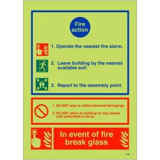 Photoluminescent (Glow in the Dark) Self Adhesive (Class C) 3 Point Fire Action Notice Sign - "In Event Of Fire Break Glass"