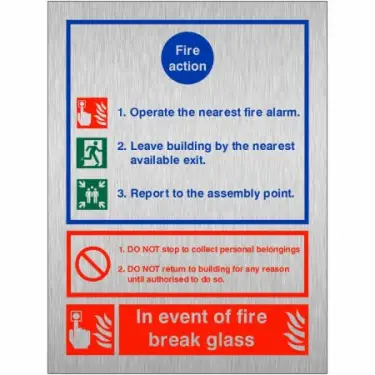 Click Here To Enlarge This Photo Of Brushed Aluminium (3mm) 3 Point Fire Action Notice Sign - "In Event Of Fire Break Glass"