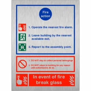 Brushed Aluminium (3mm) 3 Point Fire Action Notice Sign - "In Event Of Fire Break Glass"