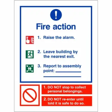 Click Here To Enlarge This Photo Of Rigid Plastic (1mm) 3 Point Fire Action Notice Sign - Raise The Alarm (Assembly Pt Writable)
