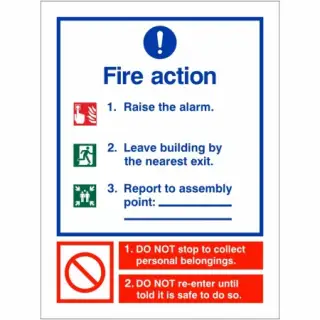 Rigid Plastic (1mm) 3 Point Fire Action Notice Sign - Raise The Alarm (Assembly Pt Writable)