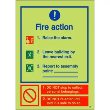 Click Here To Enlarge This Photo Of Photoluminescent (Glow in the Dark) Self Adhesive (Class C) 3 Point Fire Action Notice Sign - Raise The Alarm (Assembly Pt Writable)