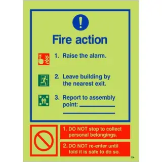 Photoluminescent (Glow in the Dark) Rigid Plastic (Class C) 3 Point Fire Action Notice Sign - Raise The Alarm (Assembly Pt Writable)