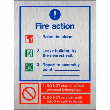 Click Here To Enlarge This Photo Of Brushed Aluminium (3mm) 3 Point Fire Action Notice Sign - Raise The Alarm (Assembly Pt Writable)