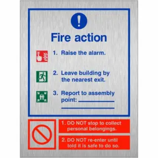 Brushed Aluminium (3mm) 3 Point Fire Action Notice Sign - Raise The Alarm (Assembly Pt Writable)