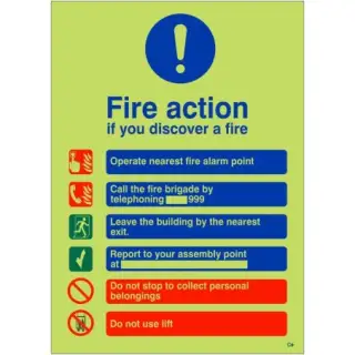Photoluminescent (Glow in the Dark) Self Adhesive (Class C) Fire Action Notice Sign - "If You Discover a Fire"