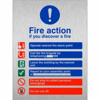 Brushed Aluminium (3mm) Fire Action Notice Sign - "If You Discover a Fire"