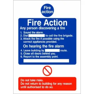Rigid Plastic (1mm) 6 Point Fire Action Notice Sign - Any Person Discovering a Fire