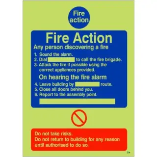 Photoluminescent (Glow in the Dark) Self Adhesive (Class C) 6 Point Fire Action Notice Sign - Any Person Discovering a Fire