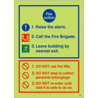 Click Here To Enlarge This Photo Of Photoluminescent (Glow in the Dark) Self Adhesive (Class C) 3 Point Fire Action Notice Sign - Raise The Alarm