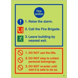 Photoluminescent (Glow in the Dark) Rigid Plastic (Class C) 3 Point Fire Action Notice Sign - Raise The Alarm