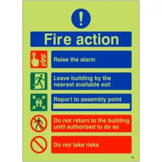 Photoluminescent (Glow in the Dark) Rigid Plastic (Class C) Raise The Alarm Fire Action Notice Sign