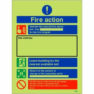 Photoluminescent (Glow in the Dark) Rigid Plastic (Class C) Fire Action Construction Site Notice Sign