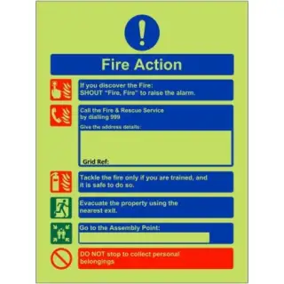 Photoluminescent (Glow in the Dark) Self Adhesive (Class C) Shout Fire Fire - Fire Action Notice Sign (For Holiday Lets)