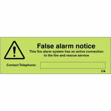 Click Here To Enlarge This Photo Of Photoluminescent (Glow in the Dark) Self Adhesive (Class C) False Alarm Notice Sign - 150mm x 50mm