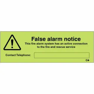 Photoluminescent (Glow in the Dark) Self Adhesive (Class C) False Alarm Notice Sign - 150mm x 50mm