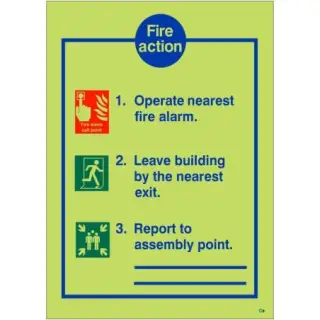 Photoluminescent (Glow in the Dark) Self Adhesive (Class C) 3 Point Fire Action Notice Sign with Lines To Write Assembly Point Location - 300mm x 200mm