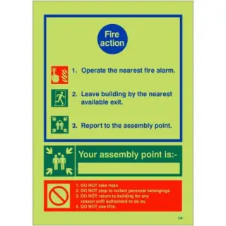 Photoluminescent (Glow in the Dark) Rigid Plastic (Class C) 3 Point Fire Action Sign - "Your Assembly Point is" - 200mm x 300mm