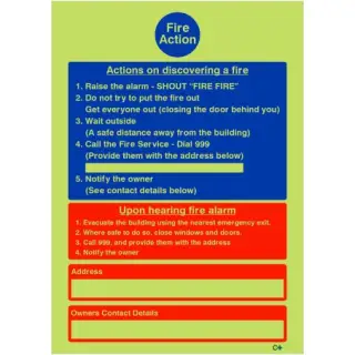 Photoluminescent (Glow in the Dark) Self Adhesive (Class C) Hotel Guest House Fire Action Notice Sign
