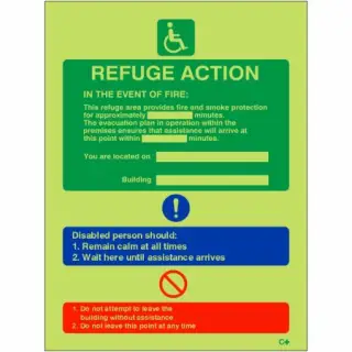 Photoluminescent (Glow in the Dark) Rigid Plastic (Class C) Refuge Fire Action Notice Sign - 150mm x 200mm