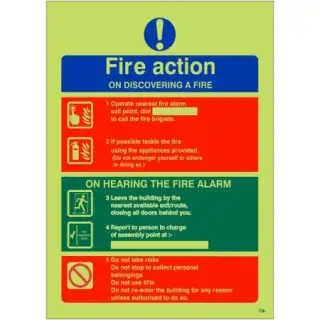 Photoluminescent (Glow in the Dark) Rigid Plastic (Class C) Fire Action Notice Sign - "On Discovering a Fire" - 150mm x 200mm