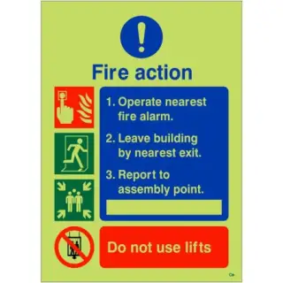 Photoluminescent (Glow in the Dark) Rigid Plastic (Class C) 3 Point Fire Action Sign - 150mm x 200mm