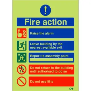 Photoluminescent (Glow in the Dark) Rigid Plastic (Class C) 5 Point Fire Action Notice Sign - Do Not Use Lifts