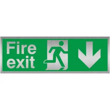 Click Here To Enlarge This Photo Of Brushed Aluminium (3mm) Fire Exit Arrow Down Sign