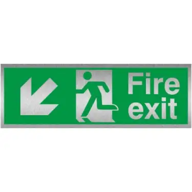 Click Here To Enlarge This Photo Of Brushed Aluminium (3mm) Fire Exit Arrow Down Left Sign