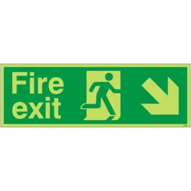 Click Here To Enlarge This Photo Of Photoluminescent (Glow in the Dark) Rigid Plastic (Class C) Fire Exit Down Right Sign