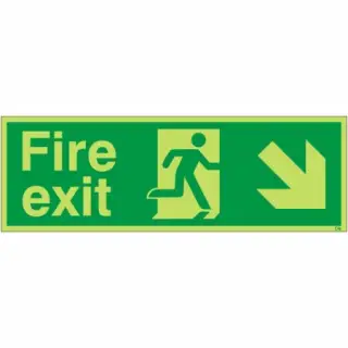 Photoluminescent (Glow in the Dark) Rigid Plastic (Class C) Fire Exit Down Right Sign
