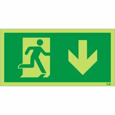 Click Here To Enlarge This Photo Of Photoluminescent (Glow in the Dark) Self Adhesive (Class C) Fire Exit Symbol Only with Arrow Down Sign