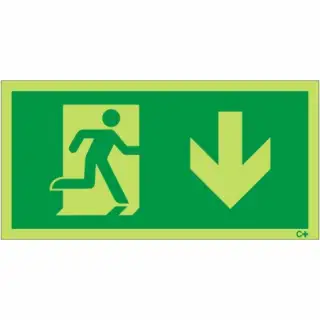 Photoluminescent (Glow in the Dark) Rigid Plastic (Class C) Fire Exit Symbol Only with Arrow Down Sign
