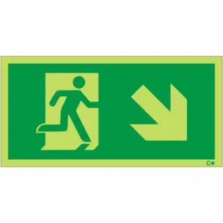 Photoluminescent (Glow in the Dark) Rigid Plastic (Class C) Fire Exit Symbol Only with Arrow Down Right Sign